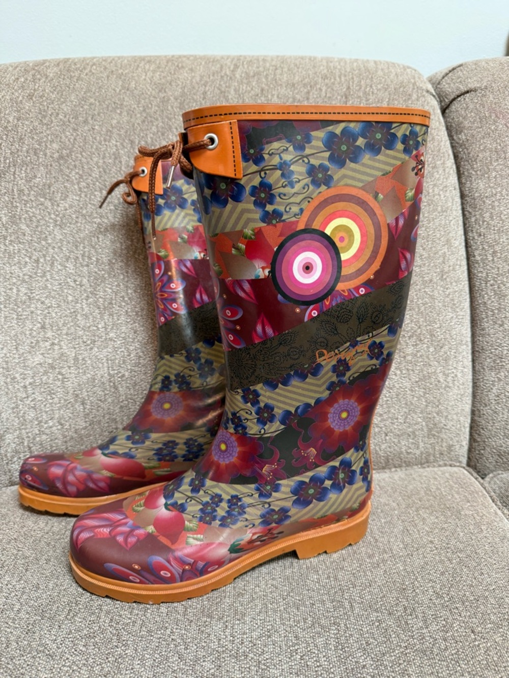 Desigual Women's Floral Pattern Waterproof Rain Boots - Brown Trim